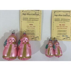 Lot of 4 Inge-Glas Ornaments "Baby Doll w/Tree" Pink Glass West Germany 7270